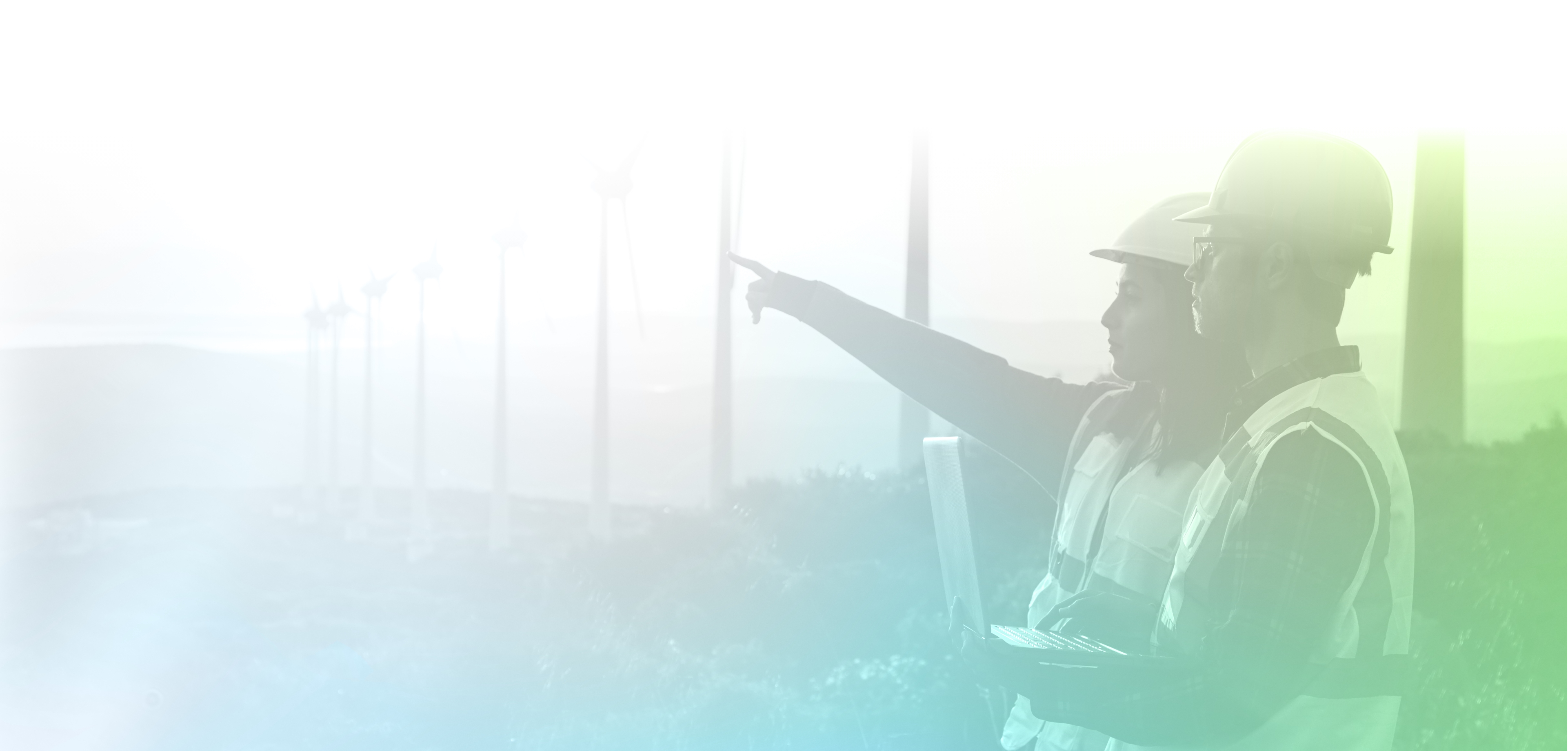 Colourful image showing two workers with high visibility clothing pointing into the distance.